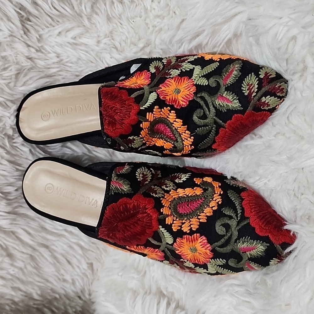 Wild Diva Embroidered Floral Slip-On Mule Heel. Never Used, Due To Heel Problems